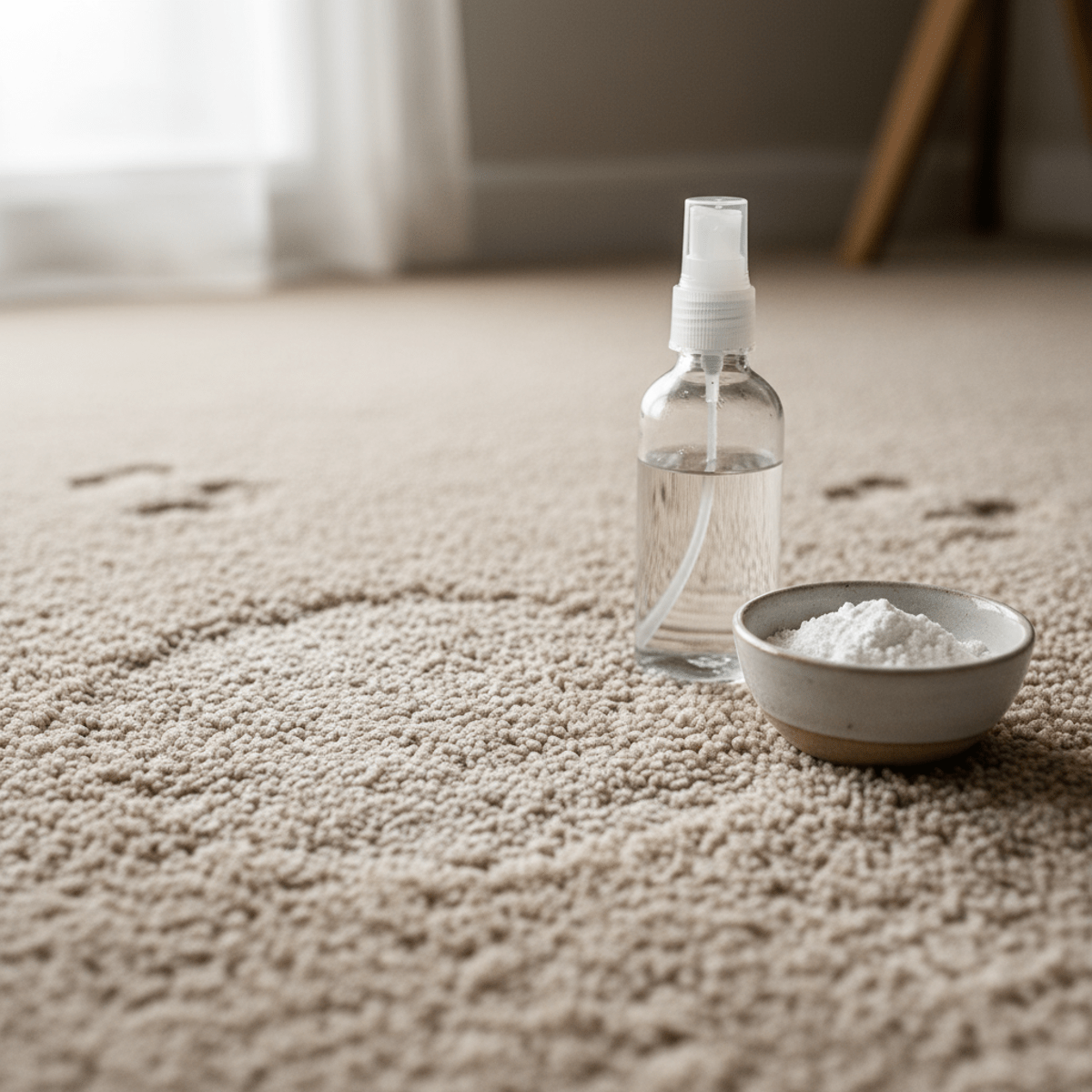 Close-up of a plush carpet with a clean patch, vinegar, and baking soda.