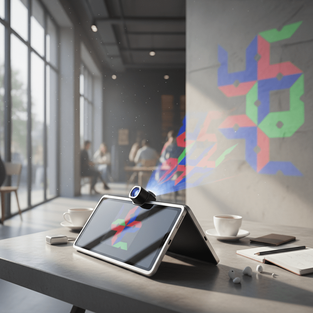 Futuristic folding tablet with pico projector unfolds, projecting vivid images on a wall.