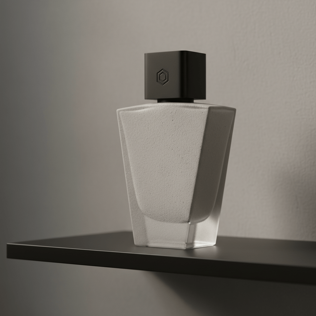 Ultra-minimalist men's cologne bottle with frosted concrete texture on a matte black shelf.