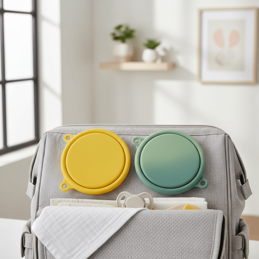 Compact silicone snack cups collapsed into flat, pocket-friendly discs in yellow and green.