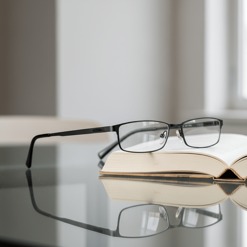 Slim black brushed metal eyeglasses on a glass desk next to an open book.