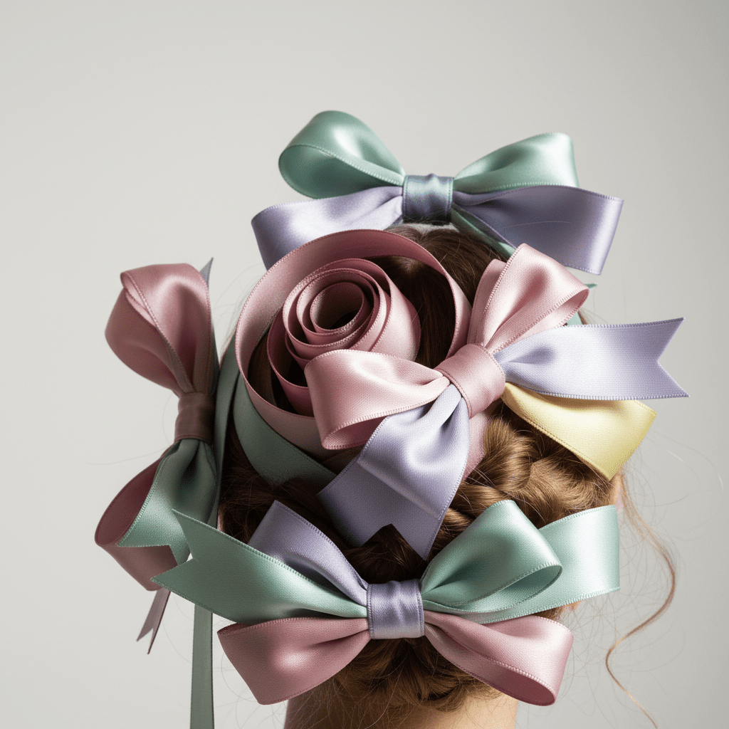 Intricate silk ribbon hair bows sculpted into spirals and angular forms with pastel tones.
