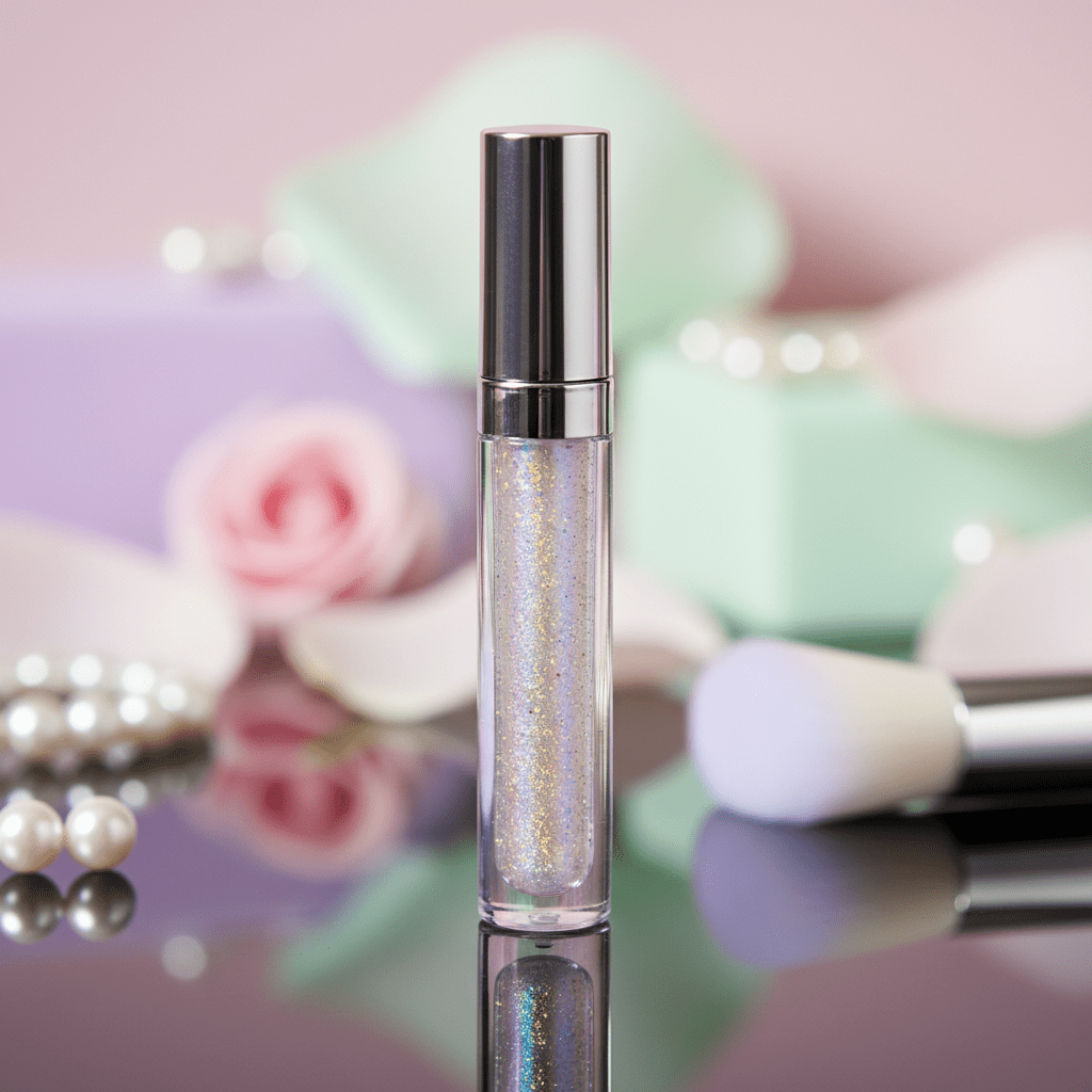 Sleek Korean lip gloss with duochrome shimmer on a reflective surface.