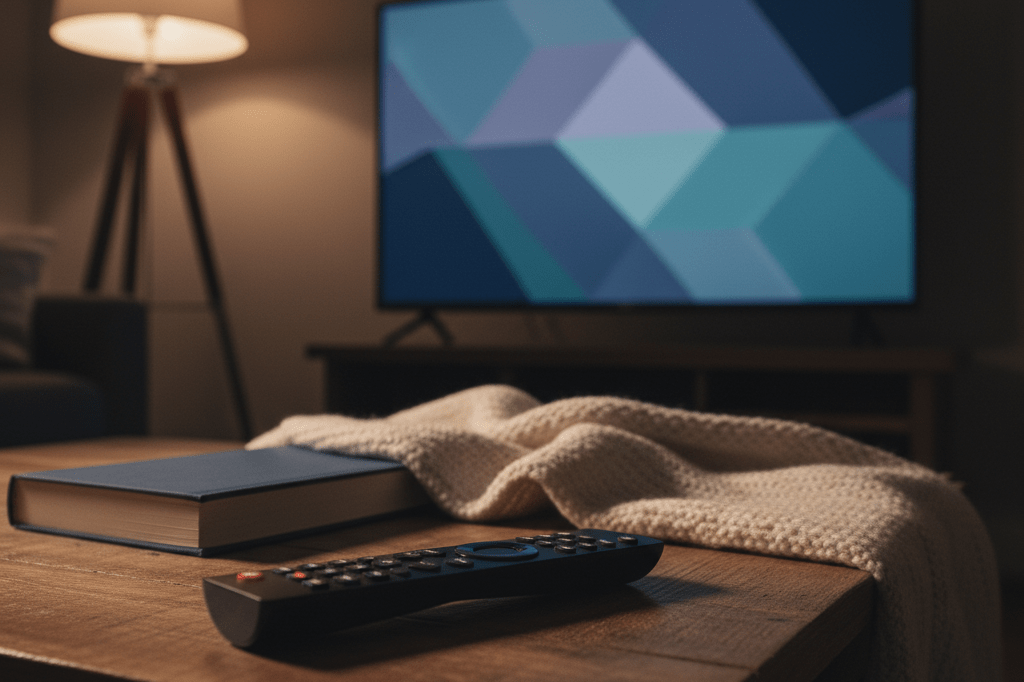 Close-up of a streaming device remote on a coffee table under warm ambient lighting, reflecting shifts in consumer viewing habits