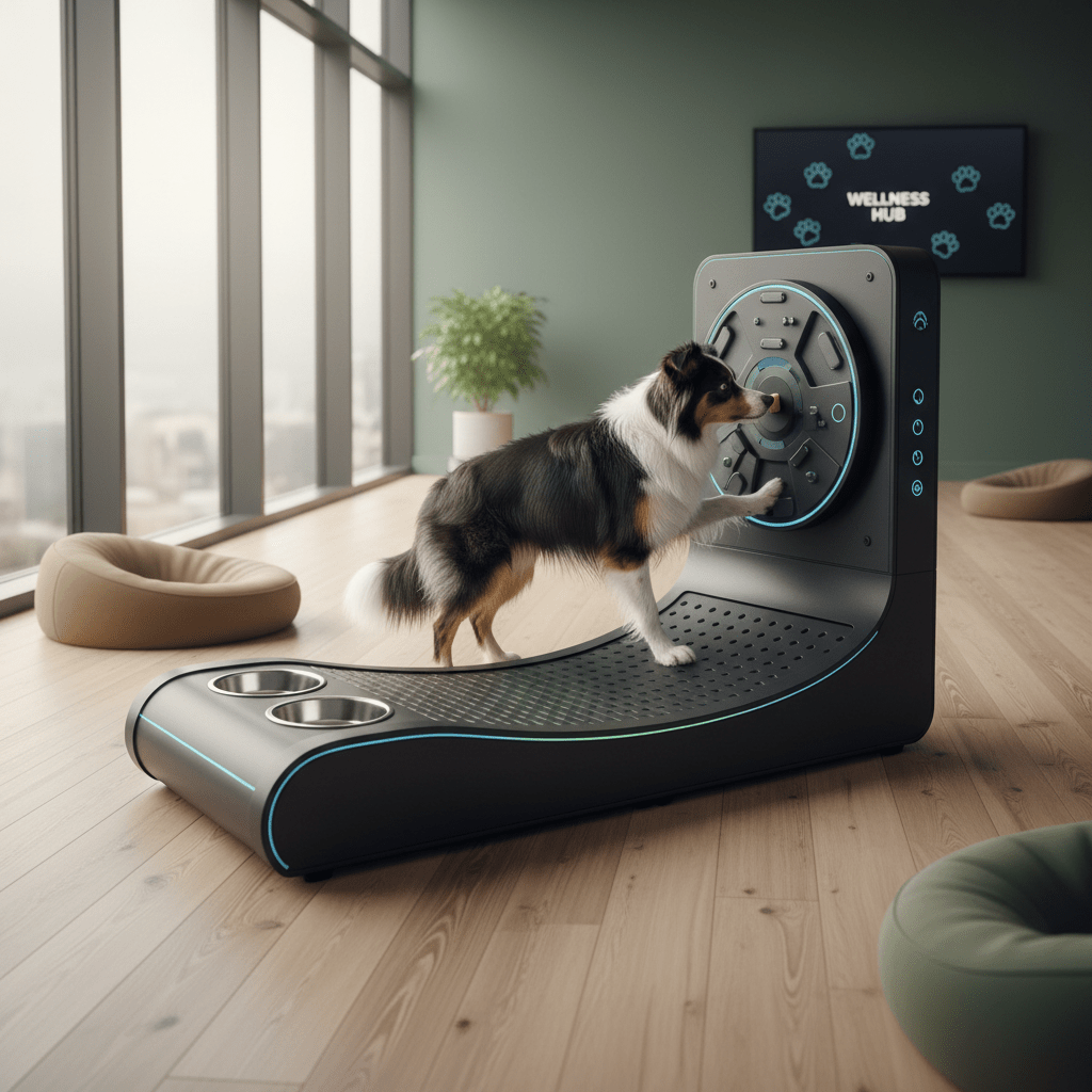 Border collie plays with interactive toy in modern dog wellness zone.