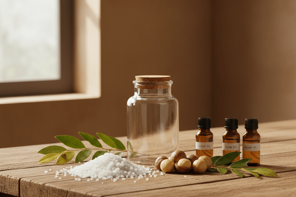 Natural sea salt, macadamia nuts, and oils on a wooden table under warm sunlight