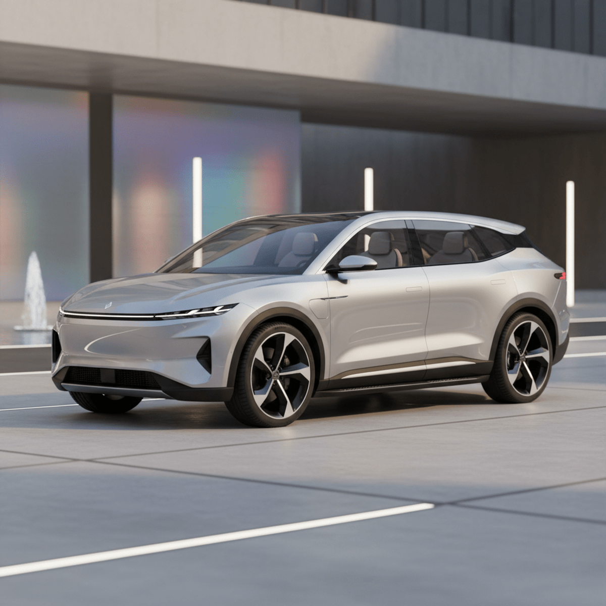 Futuristic electric SUV in minimalist urban plaza Sleek metallic silver electric SUV parked in a modern urban plaza.