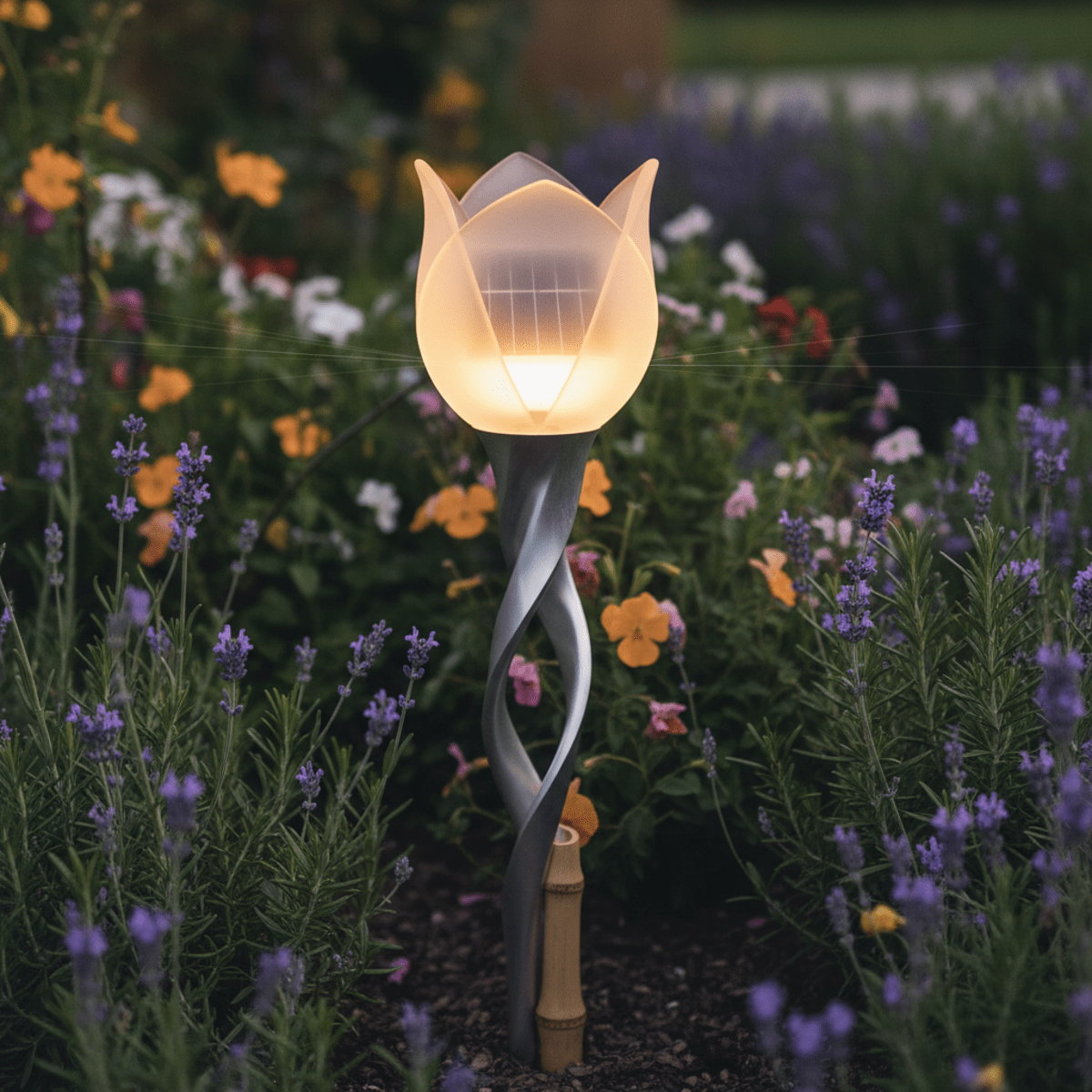 Twilight garden bug zapper stake with frosted glass diffuser. Sculptural garden stake bug zapper with frosted glass glowing at twilight.