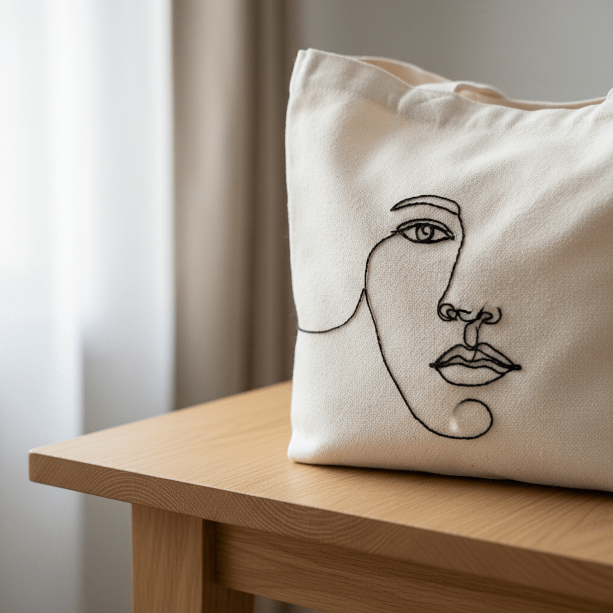 White canvas tote bag with abstract face embroidery on oak table.