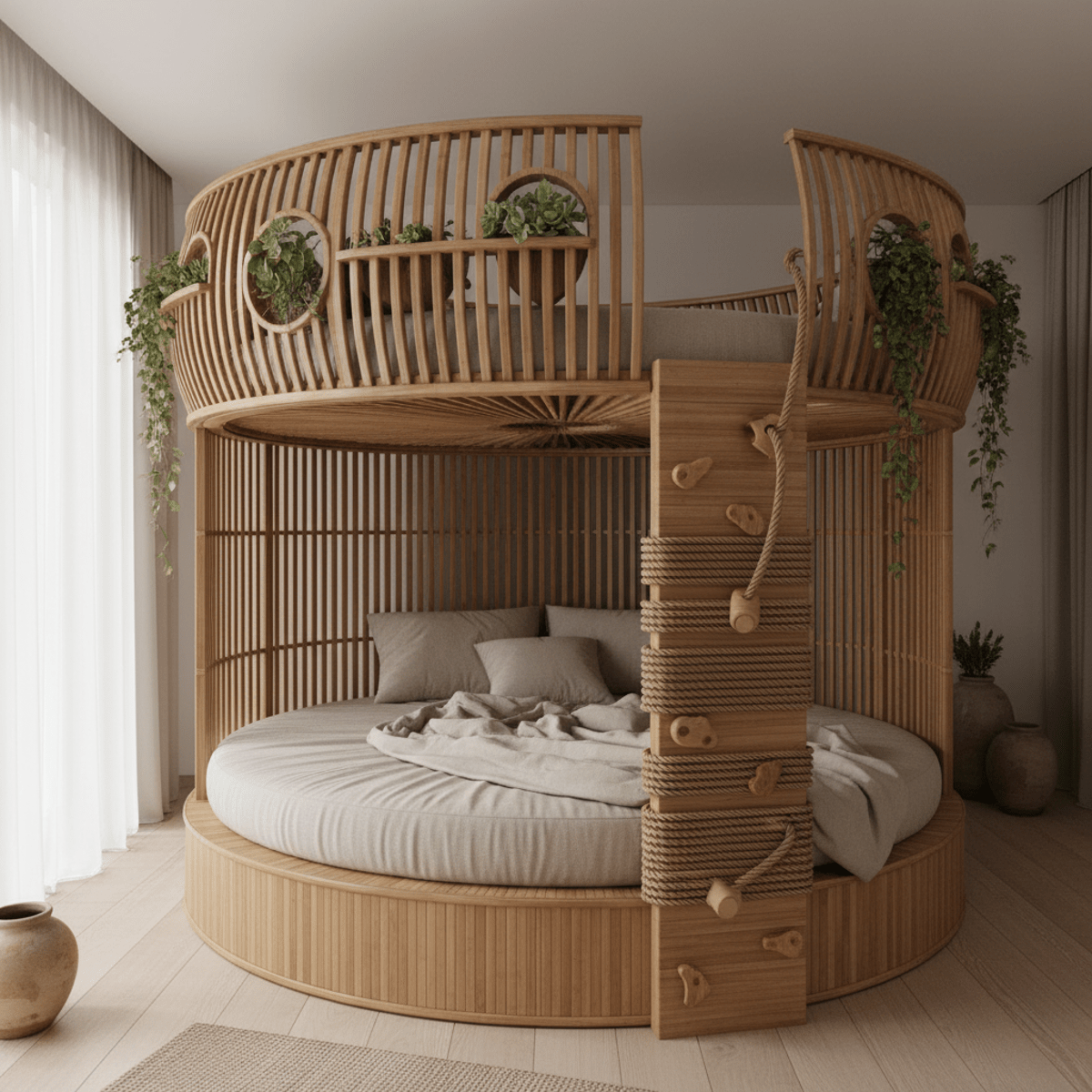 Circular bamboo bunk bed resembling a treehouse nest with plant-filled alcoves.