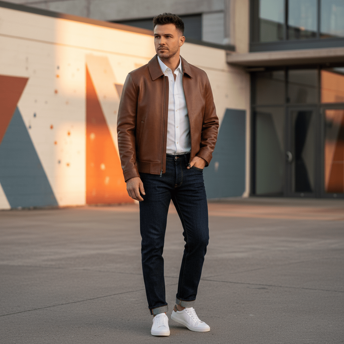 Brown wool-leather bomber jacket outfit in a stylish urban setting during golden hour.