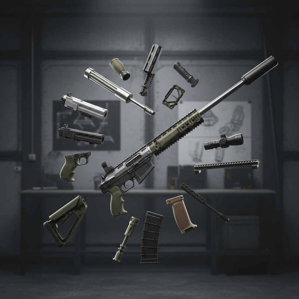 Modular BB gun platform exploded view, multiple configurations Exploded view of a modular BB gun platform showing transformation sequence and components.