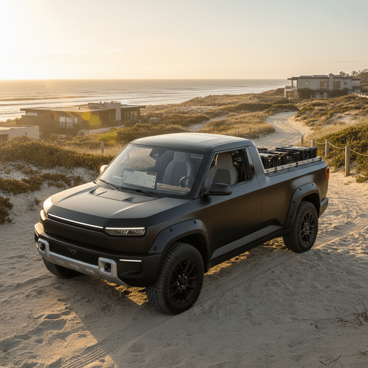 Ultra-compact electric utility pickup with modular bed in coastal setting at golden hour.