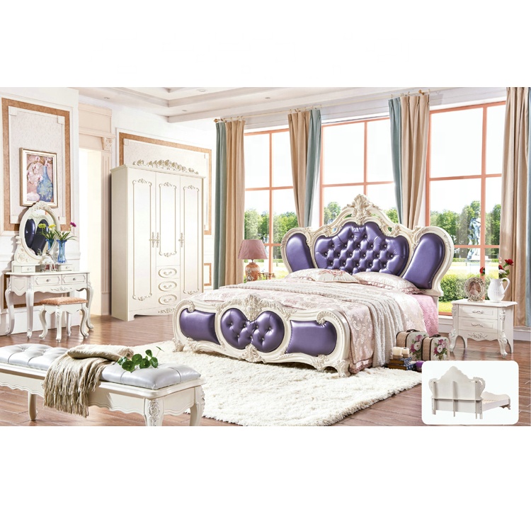 Наборы для спальни в европейском стиле фиолетового цвета B4021 #-P Роскошная резная французская королевская кожаная кровать