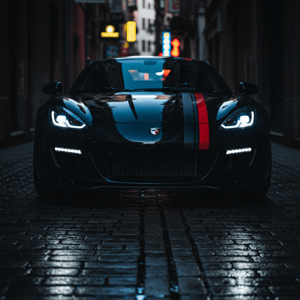 Sleek sports car with racing stripes in a wet alley reflecting neon lights.