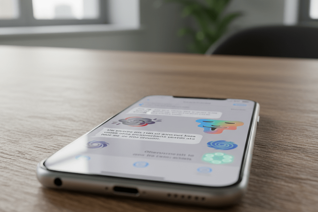 Close-up of a smartphone screen featuring colorful new emojis used in business messaging under soft natural light