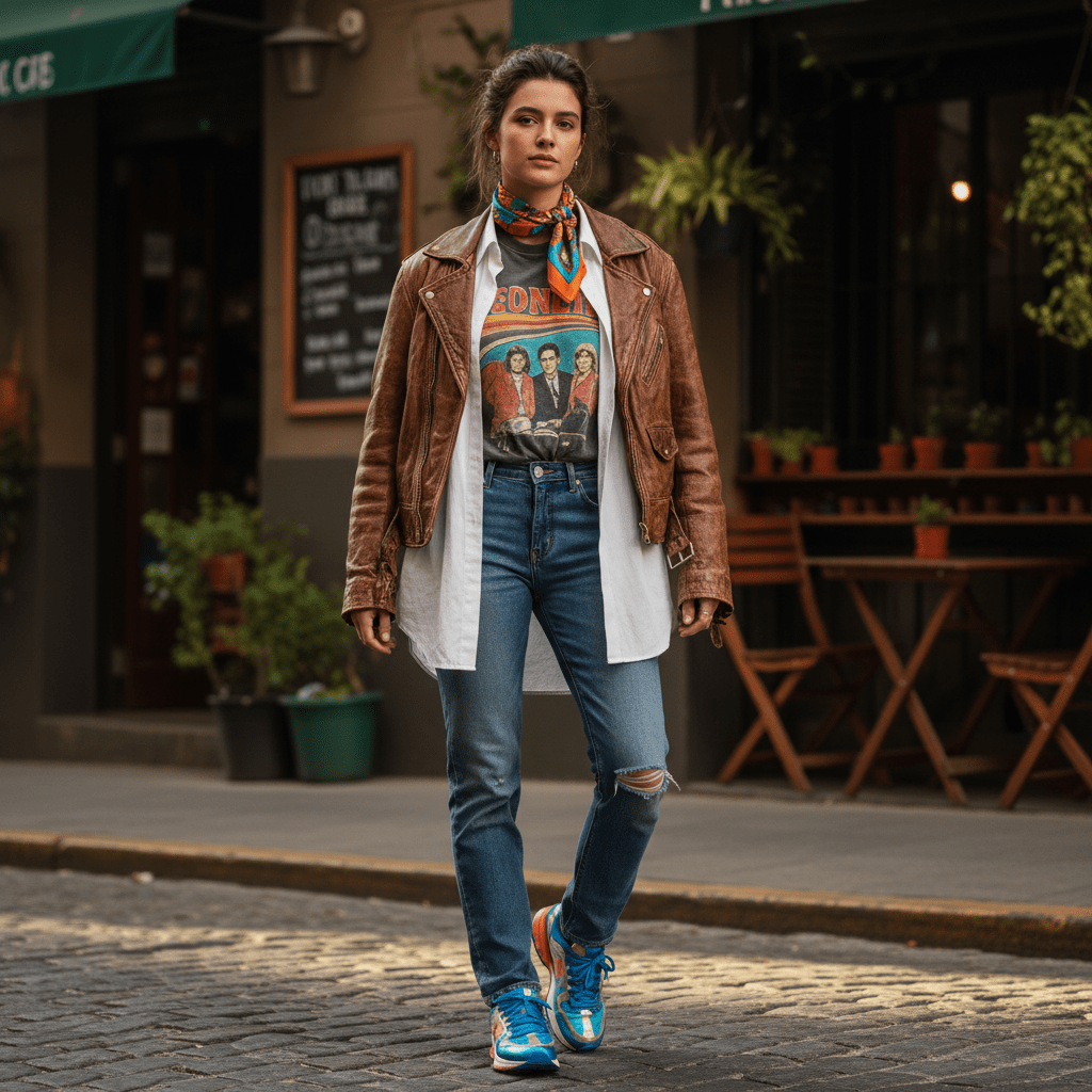 Model in layered fashion on a sunlit Buenos Aires street with leather jacket and sneakers.