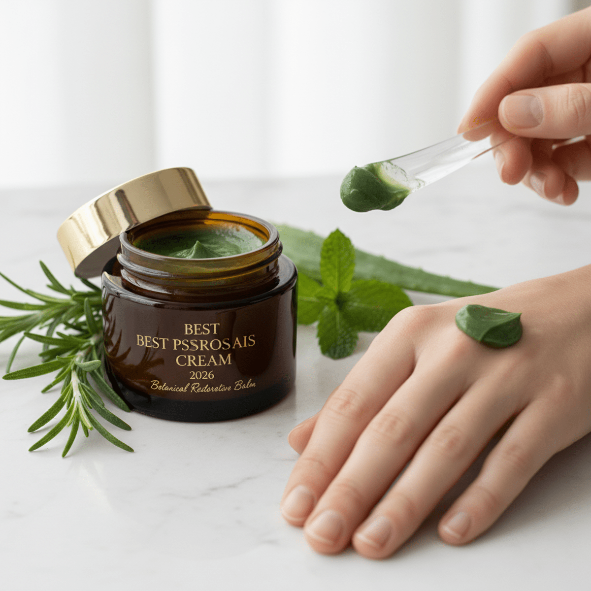 Thick, restorative botanical balm with a rich forest-green hue on white marble.