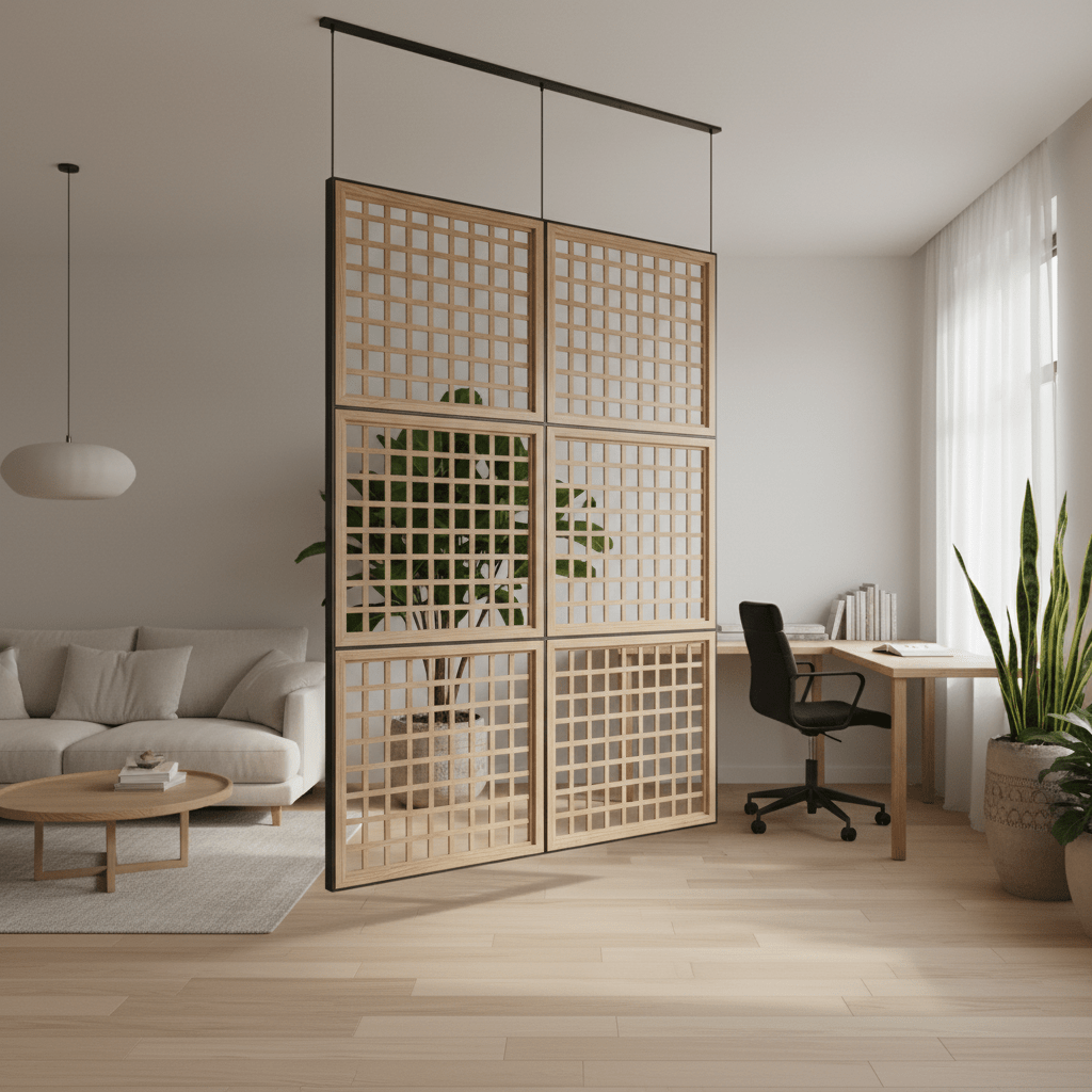 Japandi floating room divider made of unstained wood lattice in a metal frame.