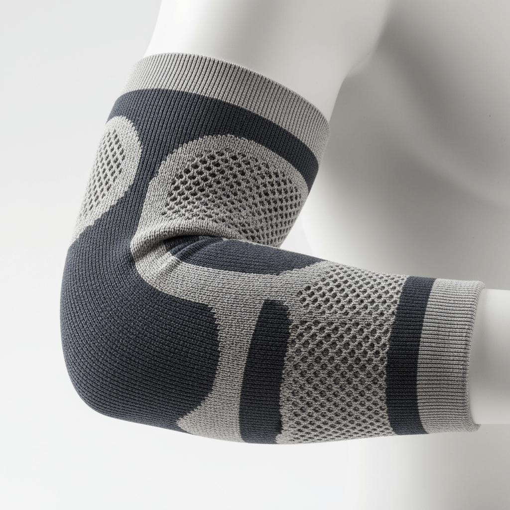 Close-up of an advanced elbow brace with seamless 3D-knit construction and engineered compression.