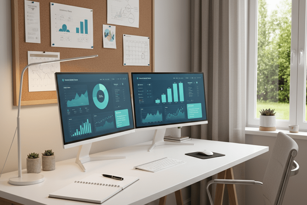 Modern home office with dual monitors, notebooks, and soft lighting showcasing remote work tools