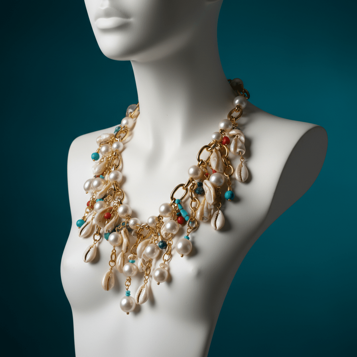 Luxe puka shell, pearl, and gold necklace Modern puka shell and pearl necklace with gold links on a teal backdrop.