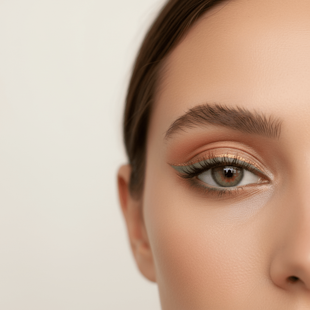 Close-up of an eye with matte sage green and metallic gold dual-line eyeliner.