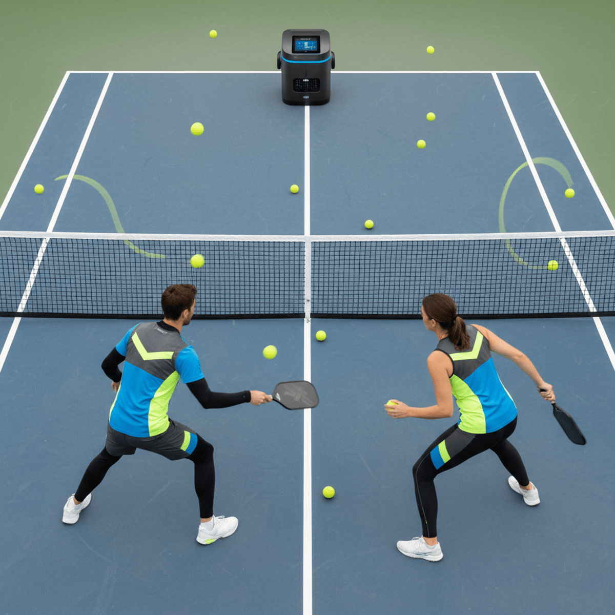 Players practice doubles on a modern court with an advanced random shot sequencing pickleball machine.