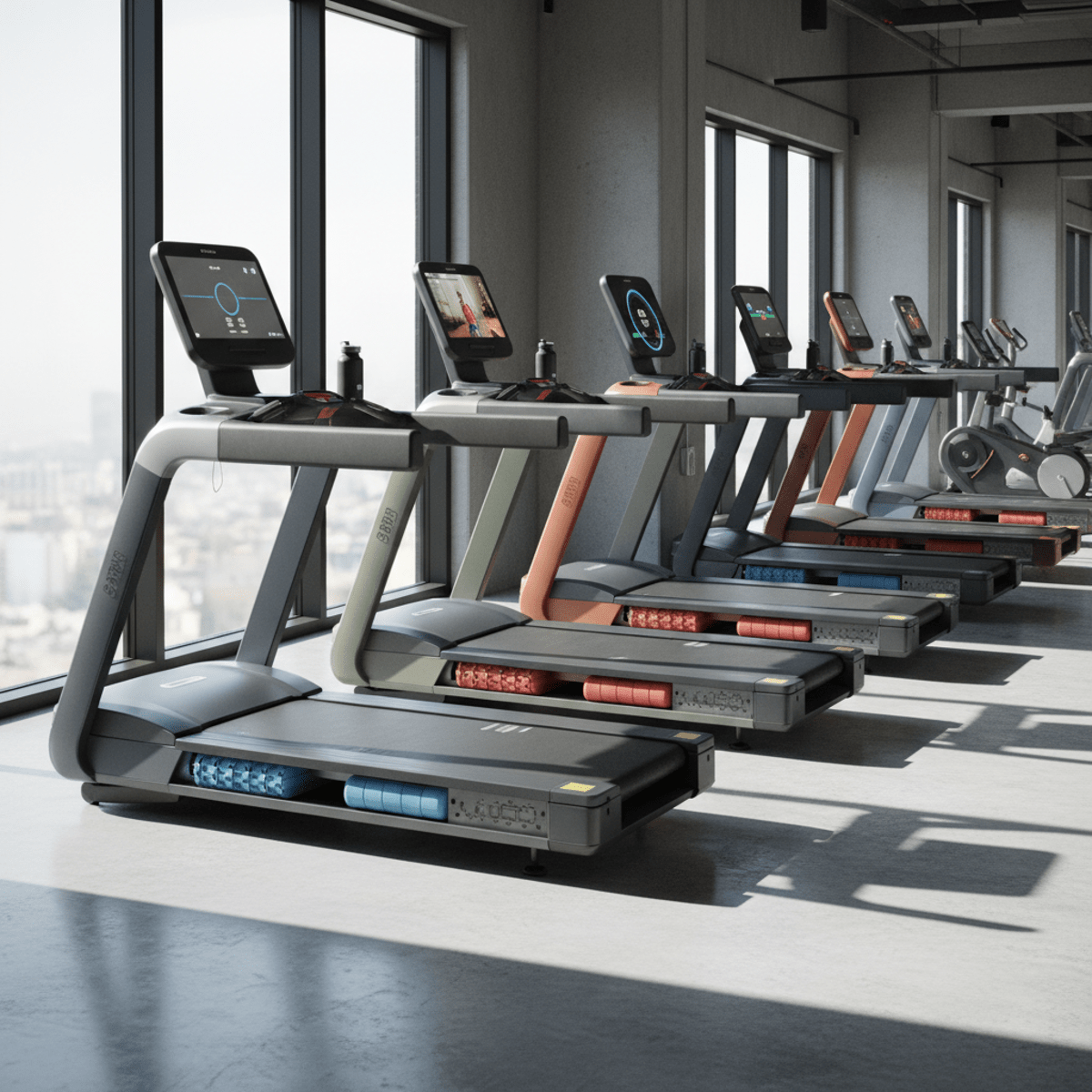 Sleek modular treadmills with varied consoles in a modern, sunlit gym.