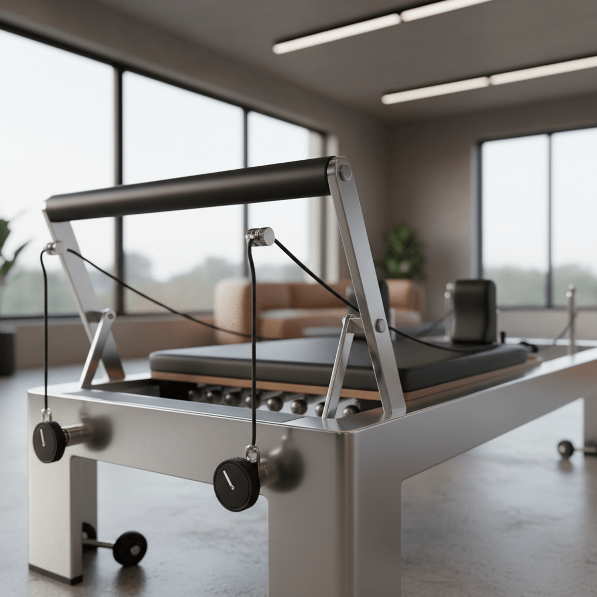 Sleek home pilates reformer with polished steel frame and black upholstery in a studio.