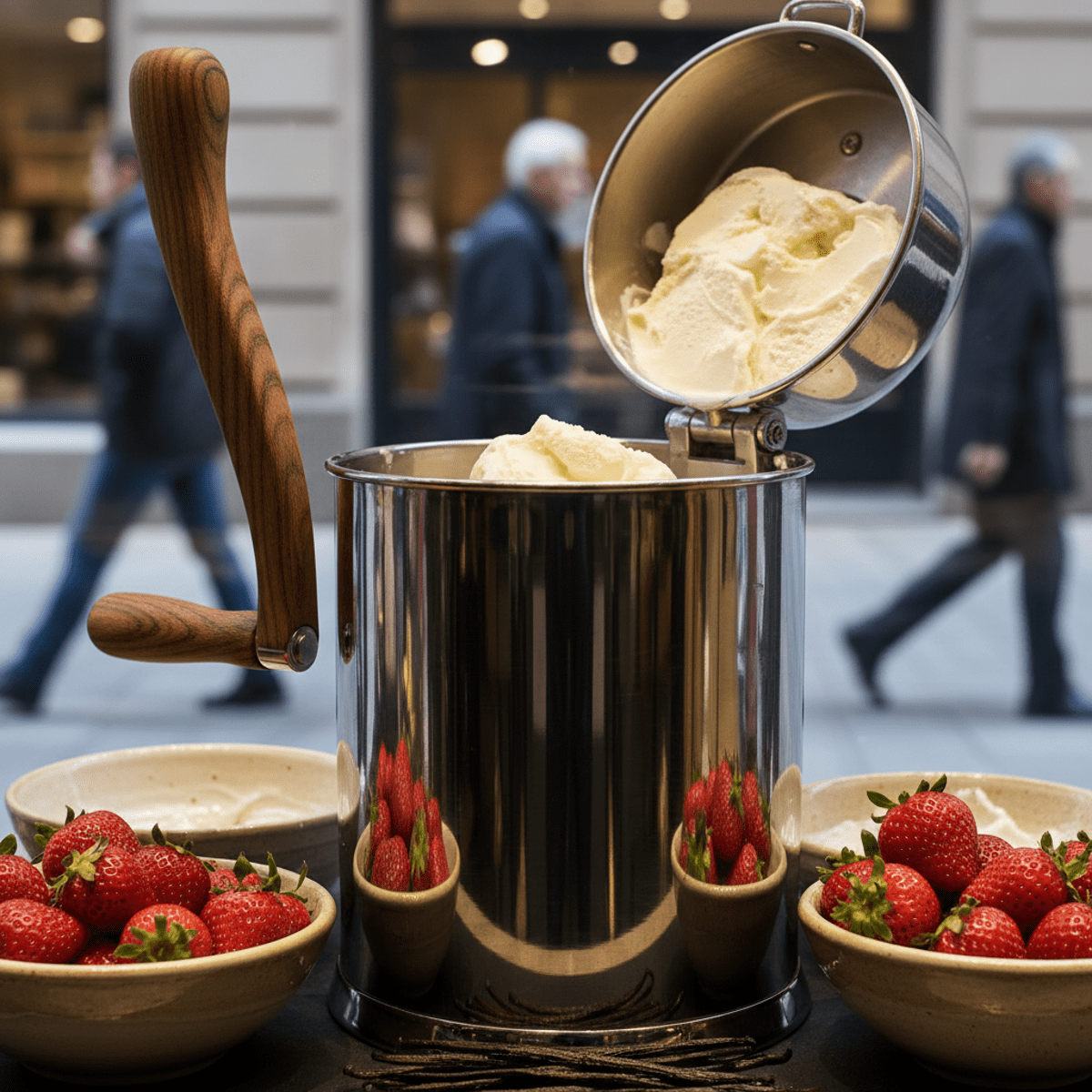 Hand crank ice cream maker with wood handle churning creamy ice cream with strawberries.
