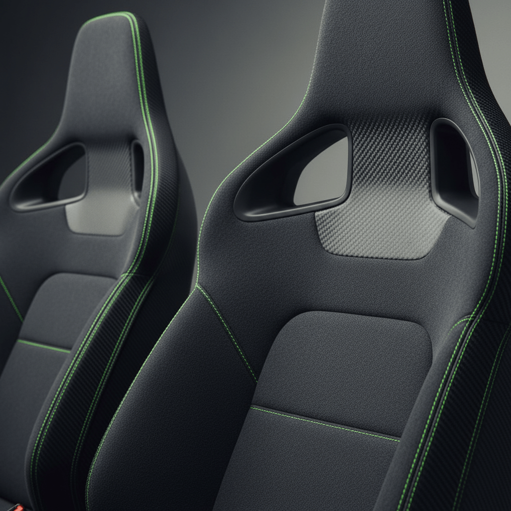 Close-up of sculpted carbon bucket seats with vivid lime green contrast stitching.