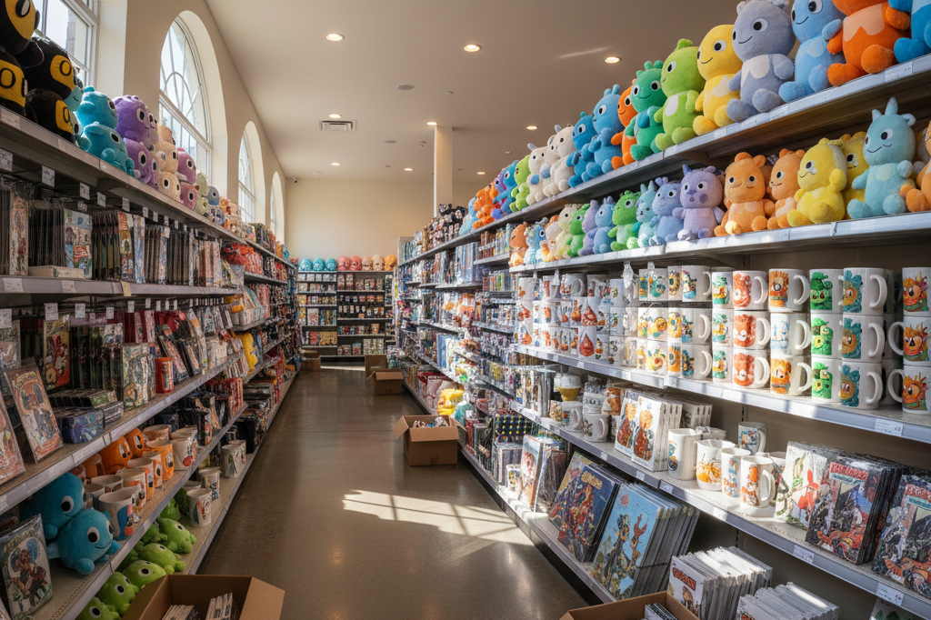 Wide shot of a retail store aisle filled with generic stuffed toys, mugs, and posters under warm ambient light, symbolizing entertainment-driven consumer trends.