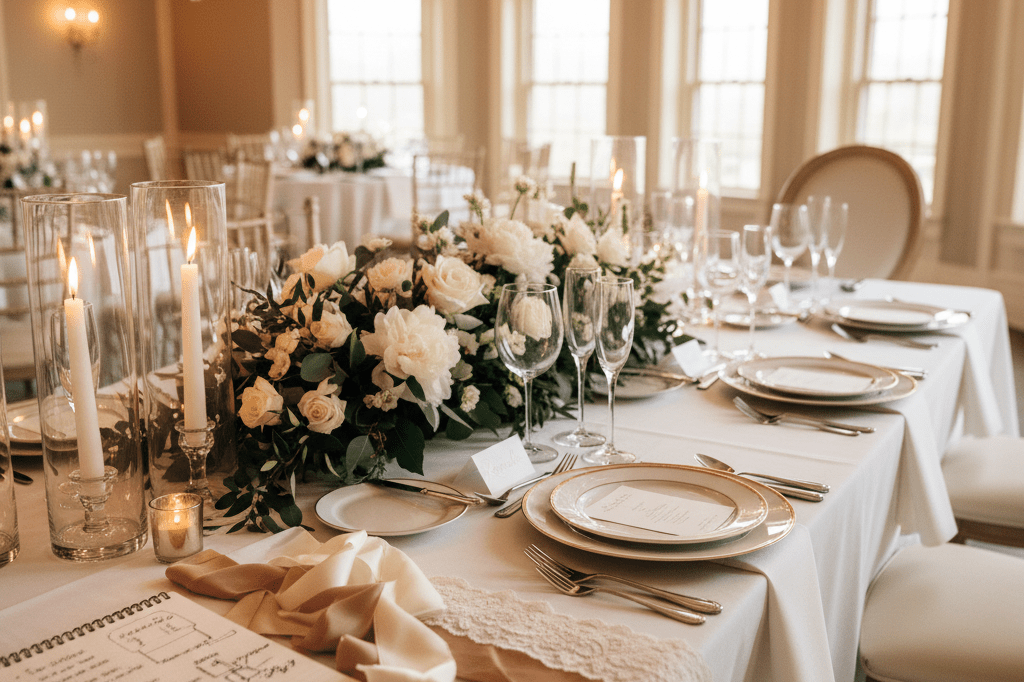 Decorated wedding table with hints of contingency planning under warm ambient lighting, showcasing flexibility in luxury events