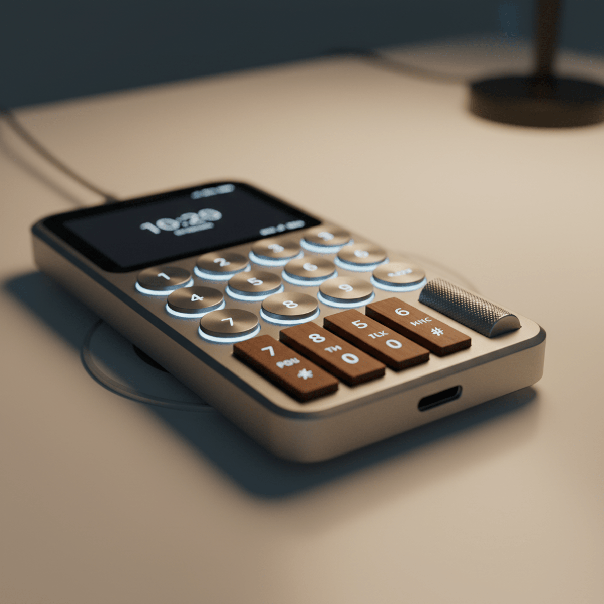 Premium tactile keypad phone with mechanical keys and wood accents on a modern desk.