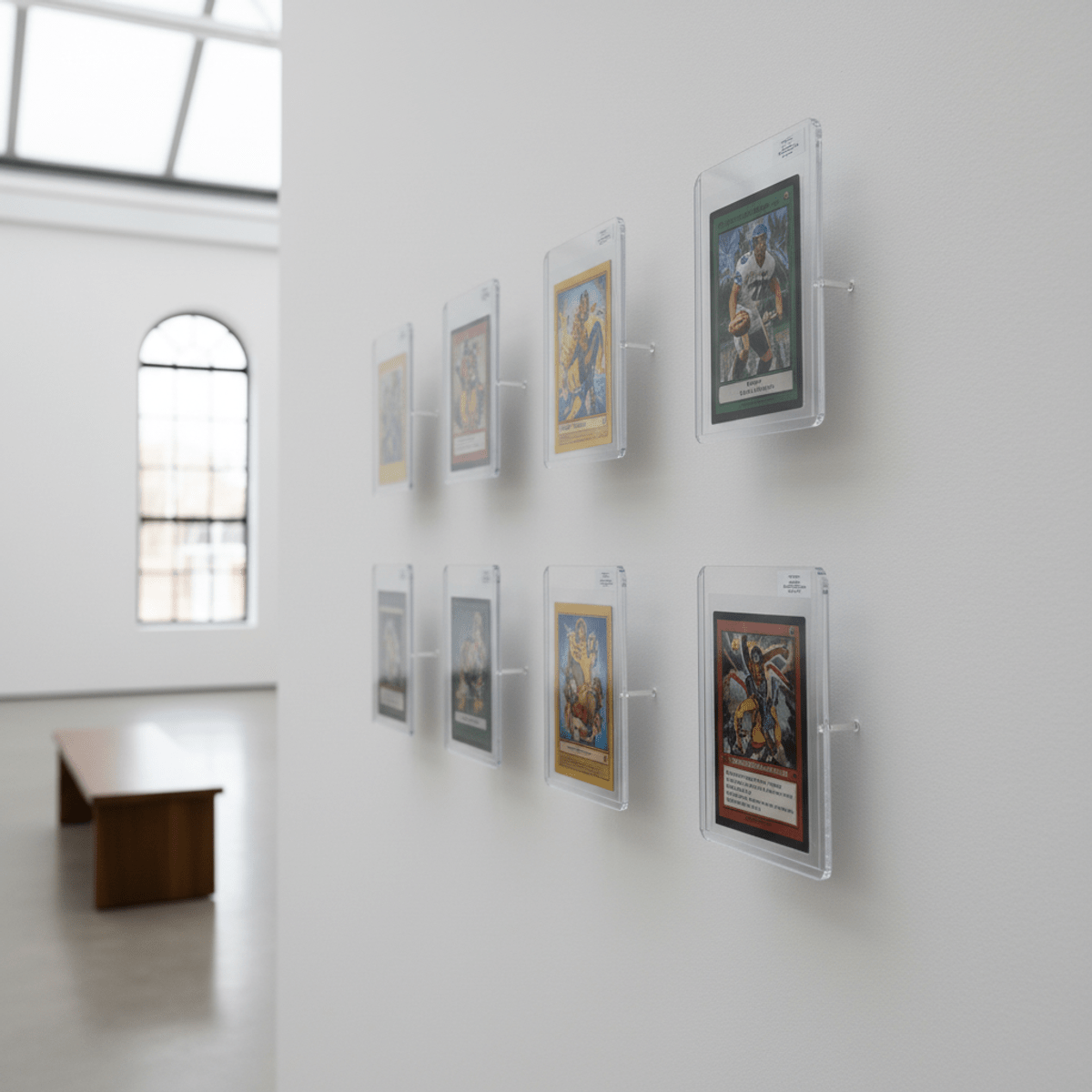Graded trading cards appear to float on a minimalist slab wall in a modern gallery.