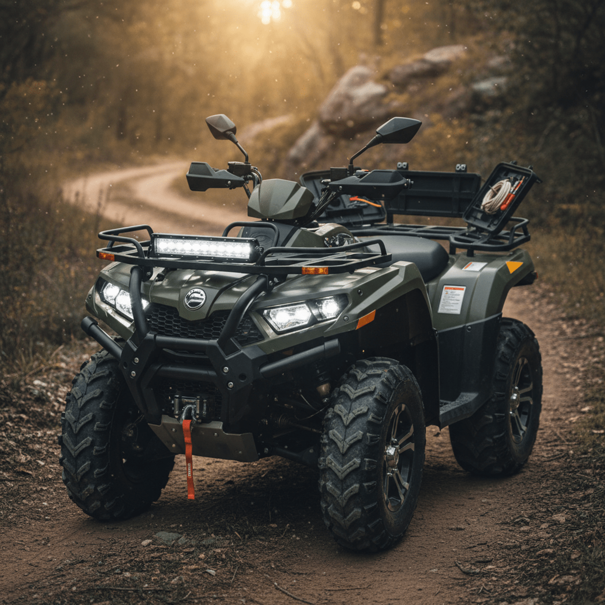 Rugged olive drab ATV with cargo racks and LED lights on a dusty dirt trail.