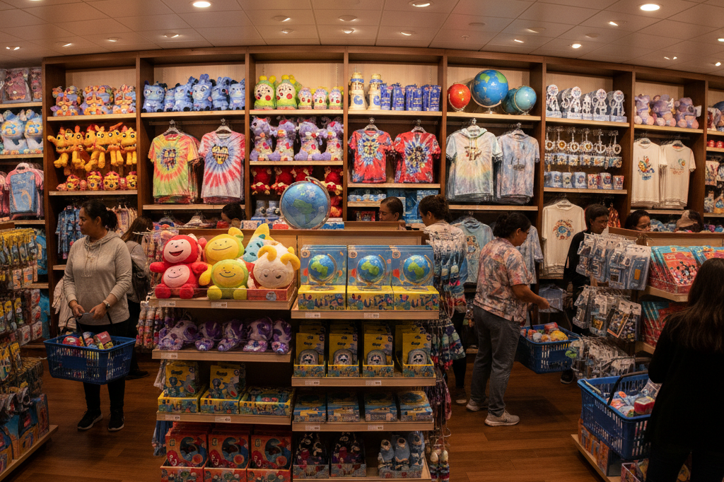 Shelves filled with colorful themed merchandise in a cruise ship's store under warm ambient lighting