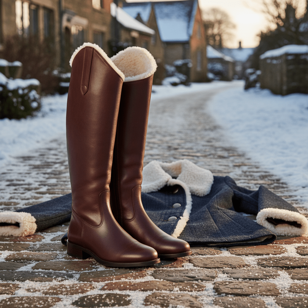 Warm leather equestrian boots on a snowy village path Rich brown leather knee-high equestrian boots with cream fur lining on a snowy path.