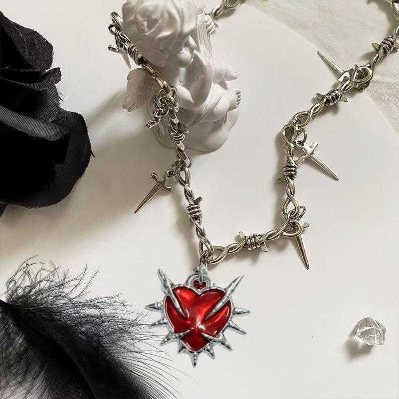 CLBX Gothic Y2K Subculture Red Heart Thorns Pendant Necklace