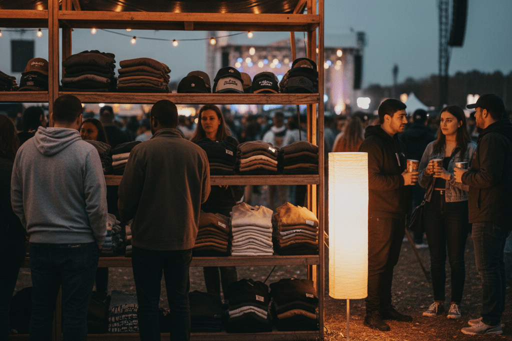 Warmly lit merchandise booth with stacked apparel under string lights, evoking the lively atmosphere of music tours