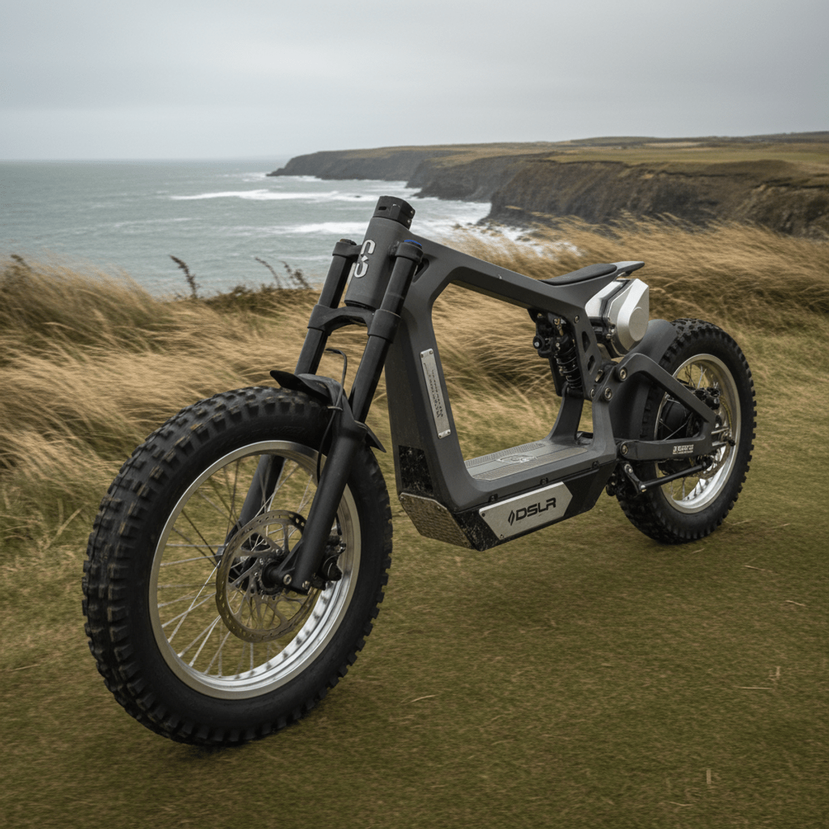 Rugged electric scooter with all-terrain tires on a windy coastal golf course.