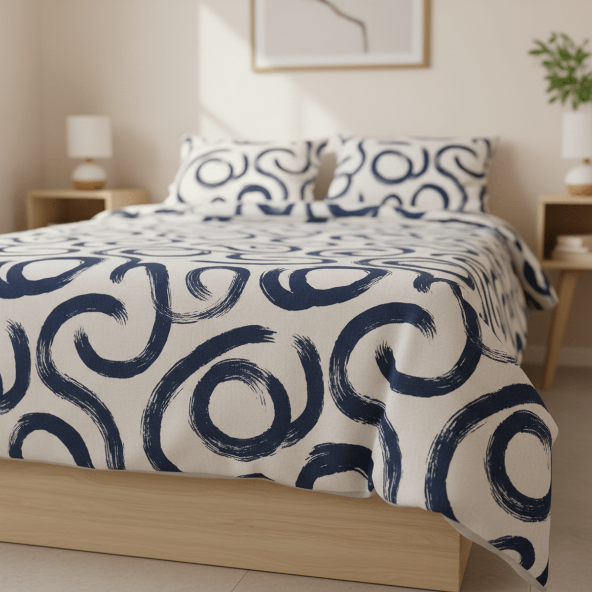 Budget bedroom with abstract navy comforter on cream bed, organic shapes.