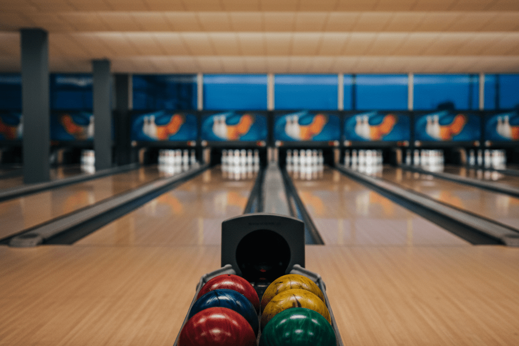 Professional bowling alley under ambient evening lights Wide shot of a quiet bowling alley at dusk with colorful balls and pins under soft mixed lighting
