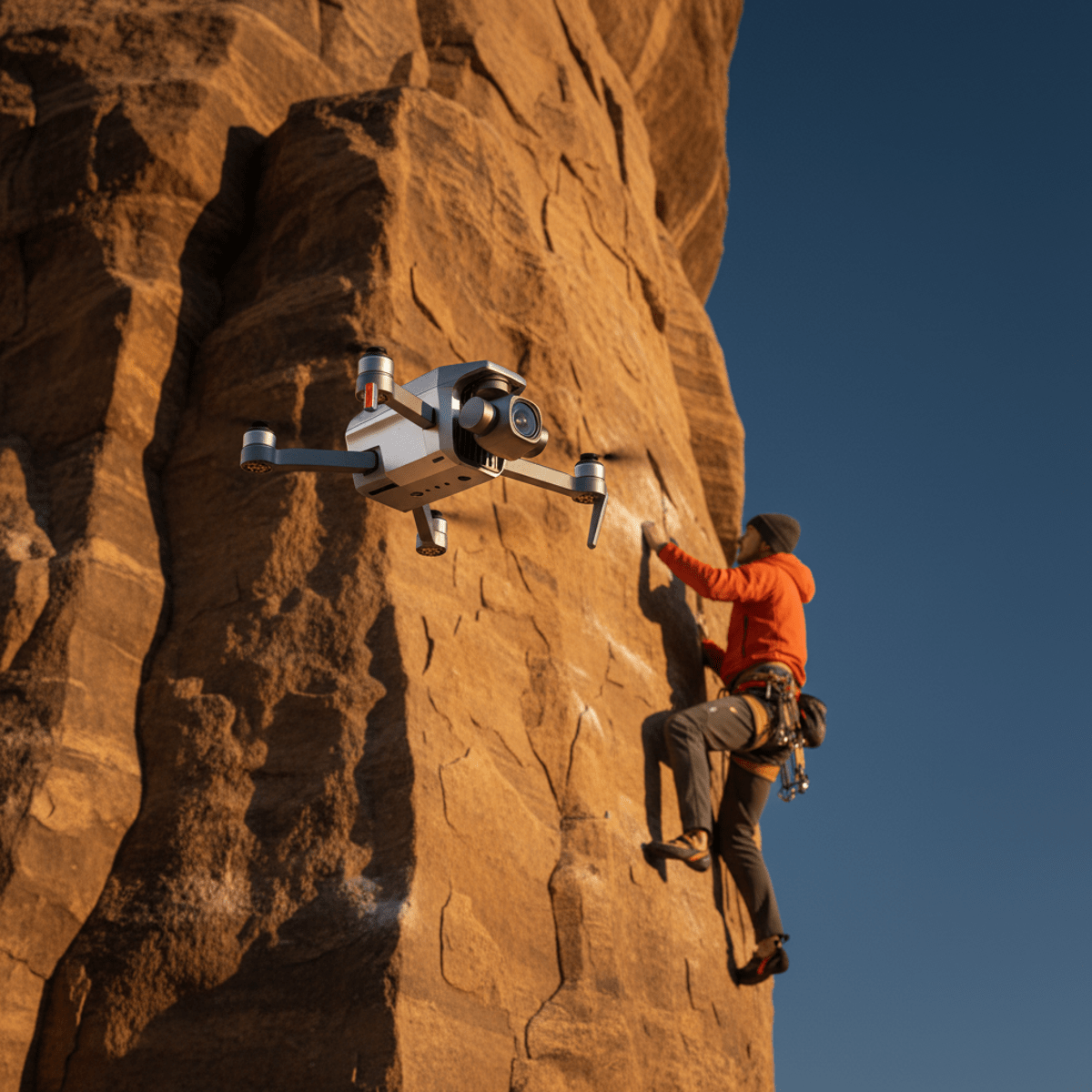 Drone films solo rock climber on sunlit sandstone cliff during golden hour.