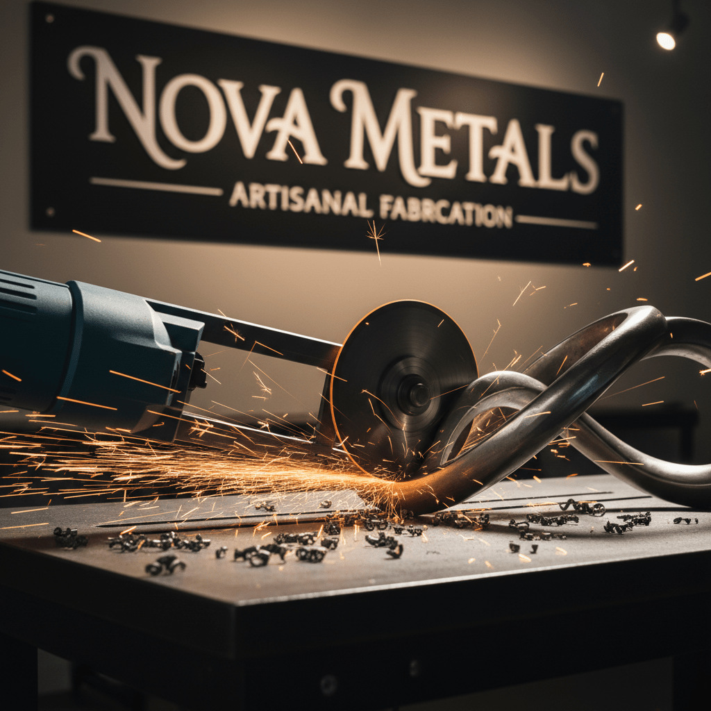 Portable band saw cutting polished steel into abstract sculpture in a modern studio.