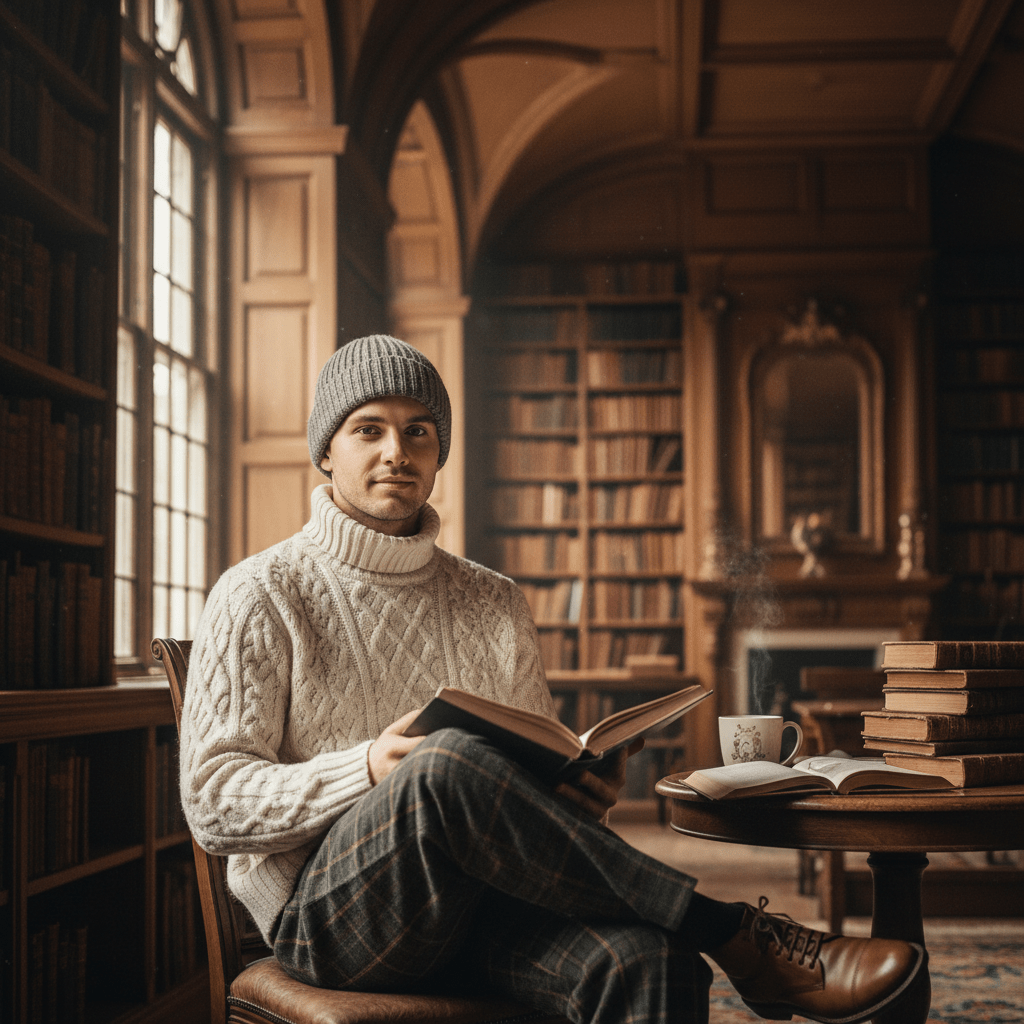 Scholar in library wearing waffle-knit beanie and cable-knit sweater.