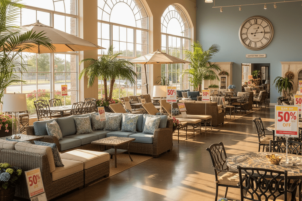 Wide shot of discounted patio furniture sets under warm natural and ambient light, highlighting seasonal sale urgency