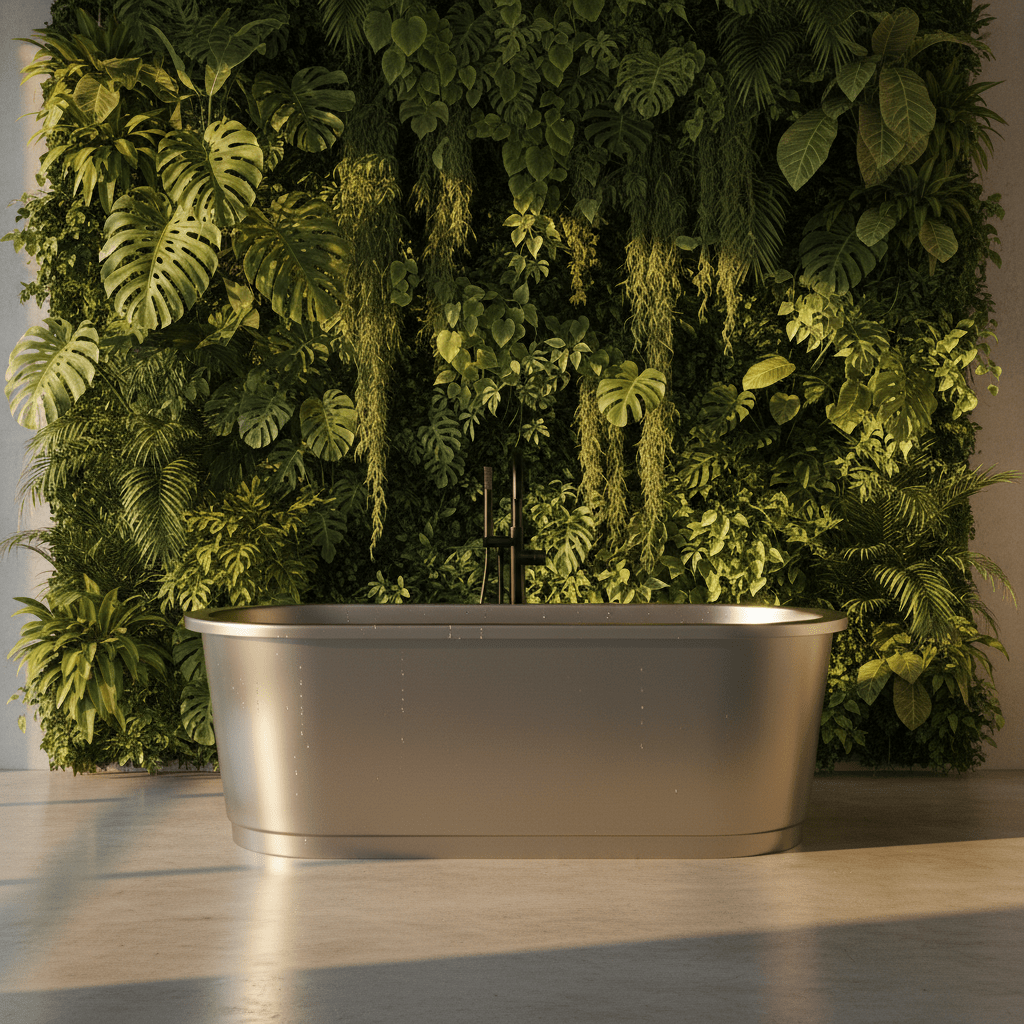 Minimalist industrial bathroom with stainless steel tub and lush tropical garden wall.