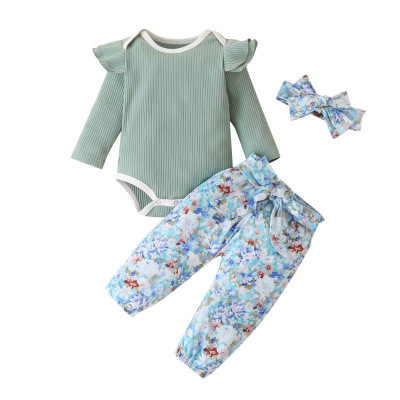 Новый осенний комплект из 3 предметов для маленьких девочек, топ с рукавами-мушками для маленьких девочек, комбинезон + брюки + повязка на голову, комплект цветочной одежды для маленьких девочек